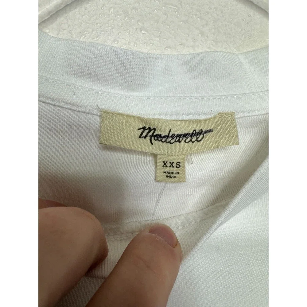 Madewell XXS Puff Half Sleeve Knit Top White Cotton Poplin Pleated Crewneck NWT